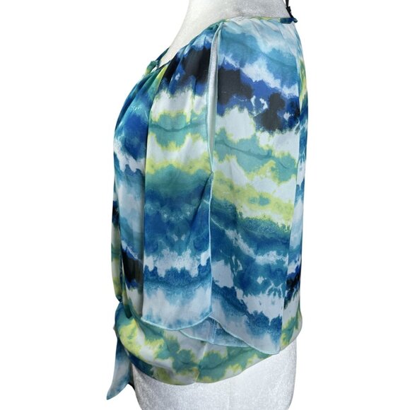 A Byer Womens Blouse Size M Blue Green Watercolor Tie-Front Sheer Open Sleeves - Picture 5 of 10